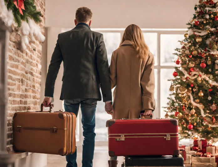 Un uomo e una donna vestiti con giubbotto e cappotto, sono di schiena, tirano due valige e si trovano nel loro salotto dove a destra c'è un albero di natale e a sinistra un camino con sopra un fiocco rosso natalizio