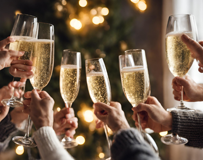 Come festeggiare capodanno in casa - dei flutes di spumante tenuti in mano da persone e sullo sfondo sfocato delle luci natalizie