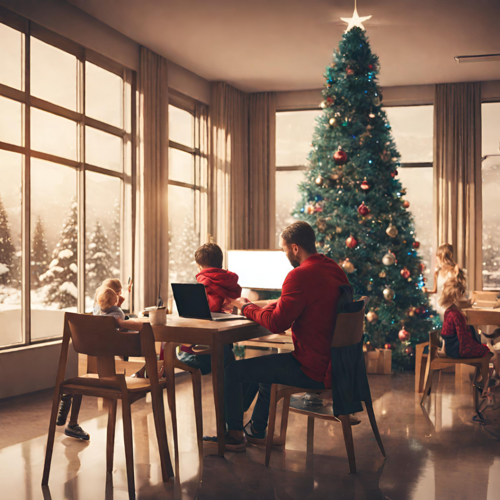 uomo seduto di schiena ad un tavolino di un albergo lavora al pc portatile, vicino a lui un albero di natale e bambini che giocano. Sono tutti in una grande stanza con delle enormi vetrate da cui si vede un paesaggio dimontagna con pini carichi di neve e neve per la strada