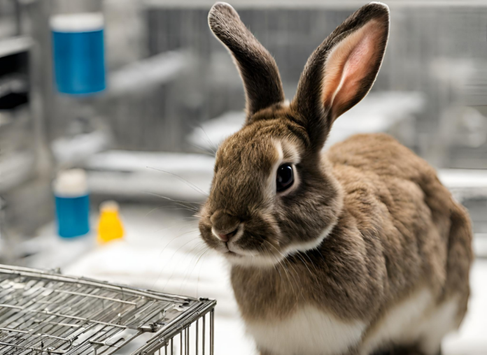 Test su animali - un coniglietto marroncino fuori da una gabbia appoggiata su un tavolo da laboratorio