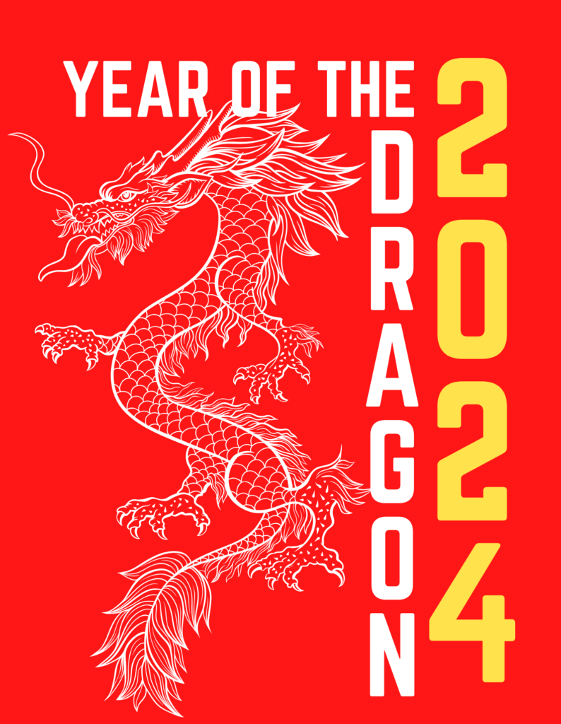 immagine stilizzata di drago bianca su sfondo rosso con 2024 gialllo