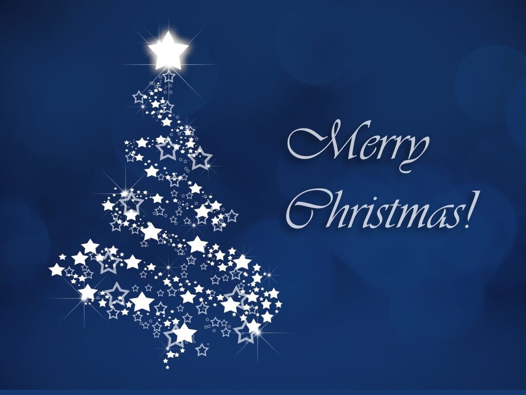 Cosa fare a Natale - sfondo blu, albero di natale fatto con solo stelline bianche e la scritta Merry Christmas