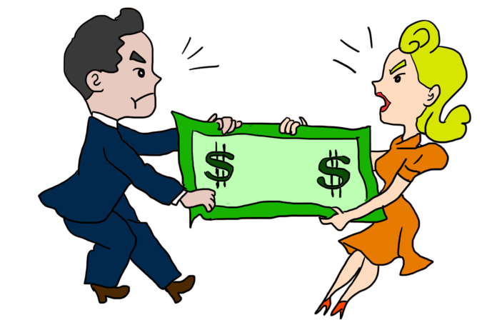 Divorzio assegno di mantenimento - un fumetto con un uomo vestito di nero e una donna bionda vestita di rosso tirano verso di se una enorme banconota