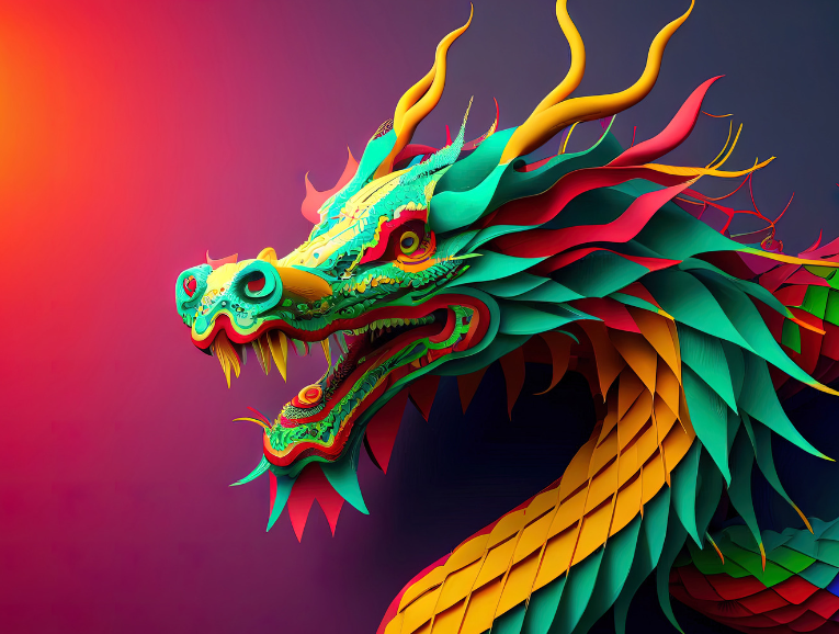 un dragone molto colorato solo iil muso su sfondo rosso