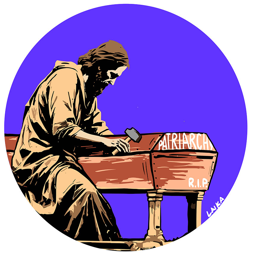 una foto rotonda rappresentante, in strewet art, San Giuseppe di profilo, seduto, mentre sta mettendo dei chiodi ad una bara con sxcritto sopra "patriarcato"