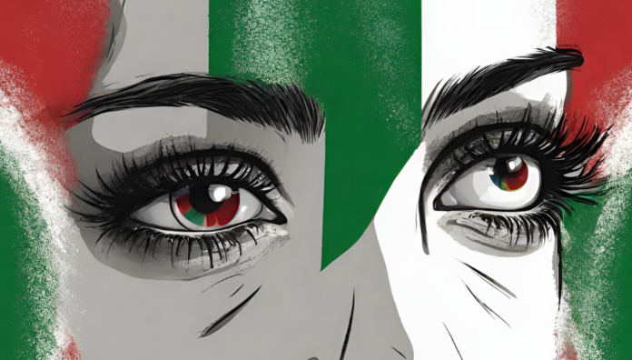 Italia 2023 - occhi di donna tristi. Il viso è dipinto con il tricolore italiano