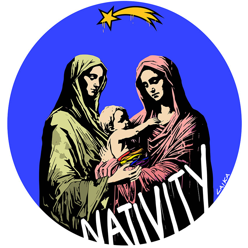 La natività rappresetata da due madonne che tengono in braccio il bambin Gesù. La foto è rotonda, su sfondoblu ed è una foto dell'opera dis treet art