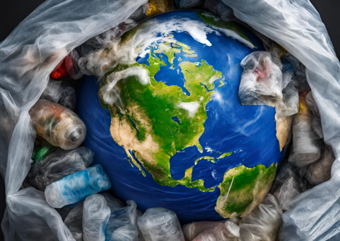 Video appello - il pianeta terra dentro un sacco della spazzatura insieme ad altri rifiuti di plastica