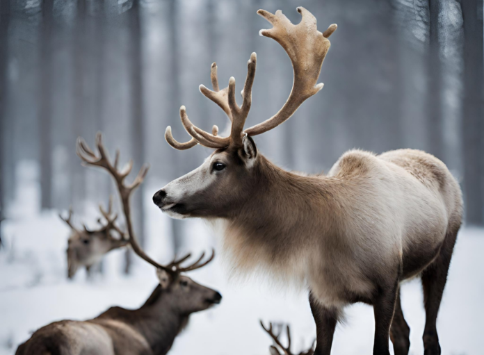 le renne - due sdraiate nella neve e una n piedi con i muso di profilo con lunghe corna