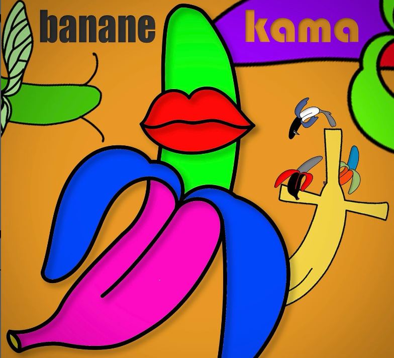 kama banane - la copertina del nuovo singolo che raffigura il disegno di una banana sbucciata tutta colorata