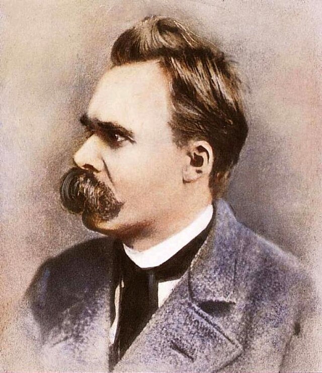 ritratto di Friedrich Nietzsche stampa antica colorata  amno in mezzo busto visto di profilo, immagine di pubblico dominio