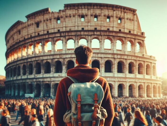 Tassa di soggirono - un turista con uno zaino sulla schiena è davanti al colosseo e sullo sfondo tutta la folla