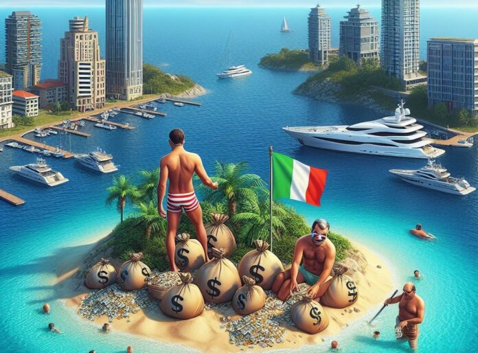 beni di lusso e finanza un'isola in mezzo a l mare con sullo sfondo dei grattacieli. In mare ci sono tanti yacht mentre sull'isola ci sono degli uomini che stanno sotterrando dei sacchi di soldi. Sull'isola c'è illa bandiera italiana