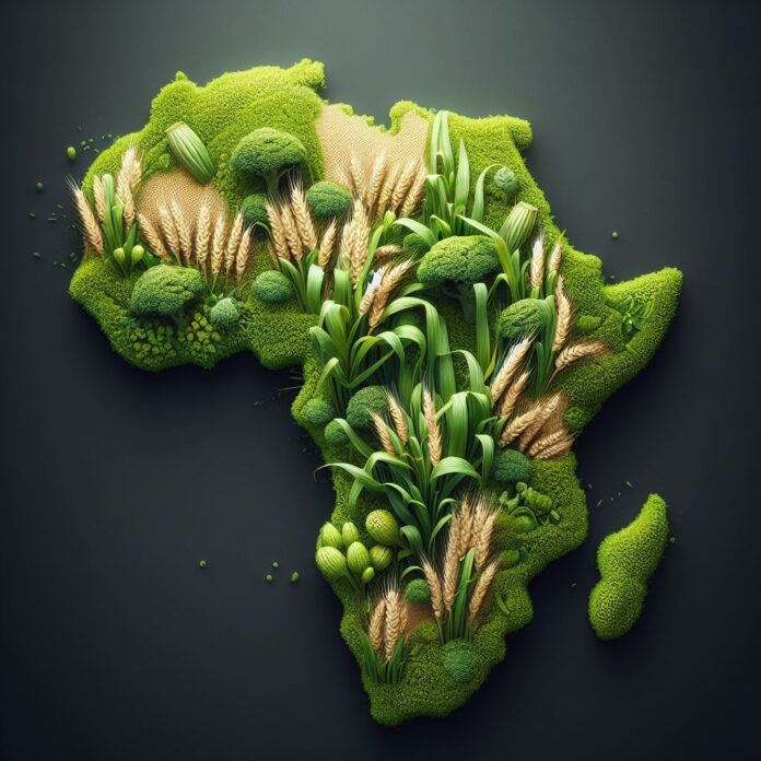 Sviluppo Sostenibile e transizione agroalimentare in Africa - nella foto l'africa disegnata con allìinterno spighe di grano, piate verdi e cactus