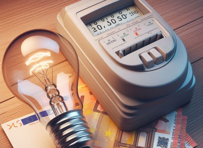 energie rinnovabili - un contatore, una lampadina e delle banconote da 50 euro appoggiati su un tavolo