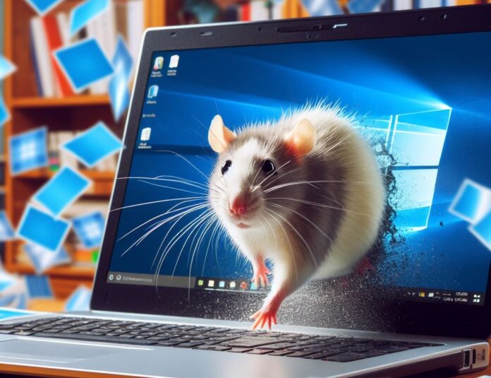 RAT Trojan ad accesso remoto - un topo esce dallo schermo di un laptop che ha la schermata iniziale di wondows