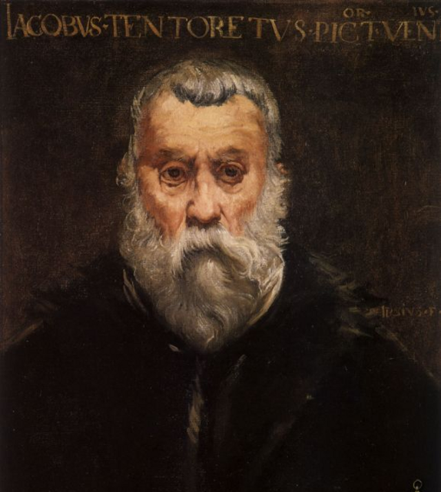 ritratto di Tintoretto anziano con fondo nero e vestito nero conservato a l museo del Louvre