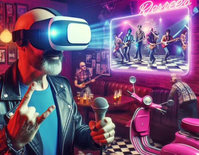 una foto con un uomo calvo che indossa un casco di virtual reality che proietta delle immagini degli anni ottanta di un concerto di musica un motorino degli anni ottanta, l'uomo è in un bar illuminato da luci violetta e fa il gesto delle corna, teendo con l'altra mano un microfono