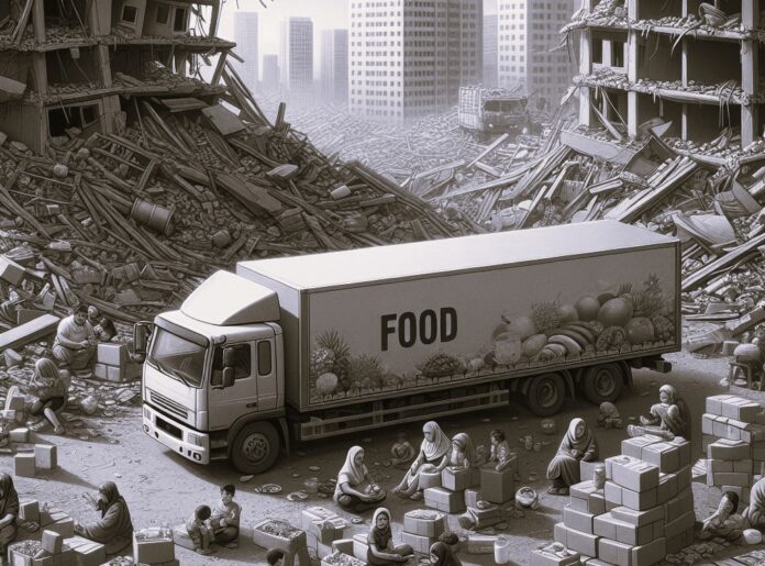 fame nel mondo - nella foto delle persone sono sedute tra le macerie di case e in mezzo un enorme camion Tir con la scritta 