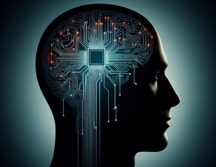 microchip nel cervello Nuralink Elon MUsk - la sagoma nera di una testa di un uomo con all'interno un microchip con i circuiti che vanno a finire a puntini rossi