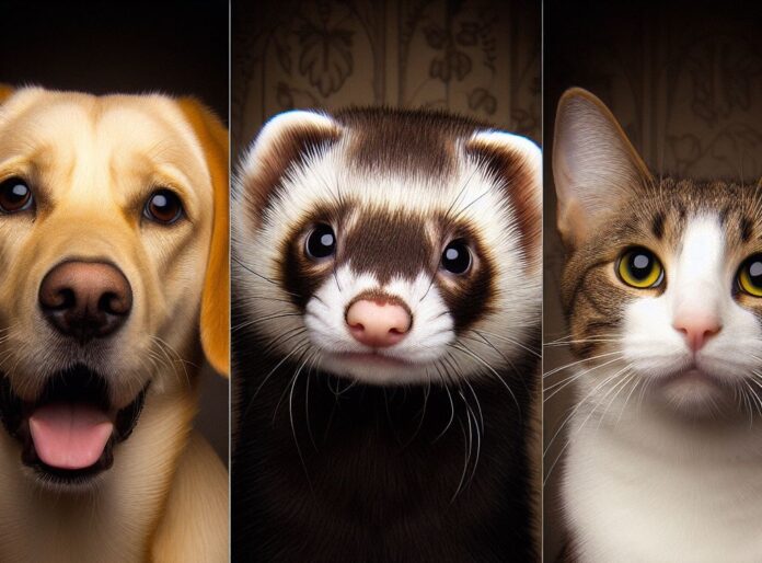 microchip per animali - nella foto un cane beige, un furetto cn macchie scure su pelo bianco e un gatto con il collo bianco e pelo scuro