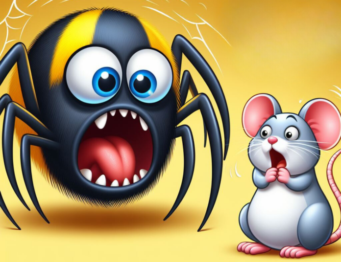 immagine divertente un ragno giallo e nero che ha paura davanti a un topolino
