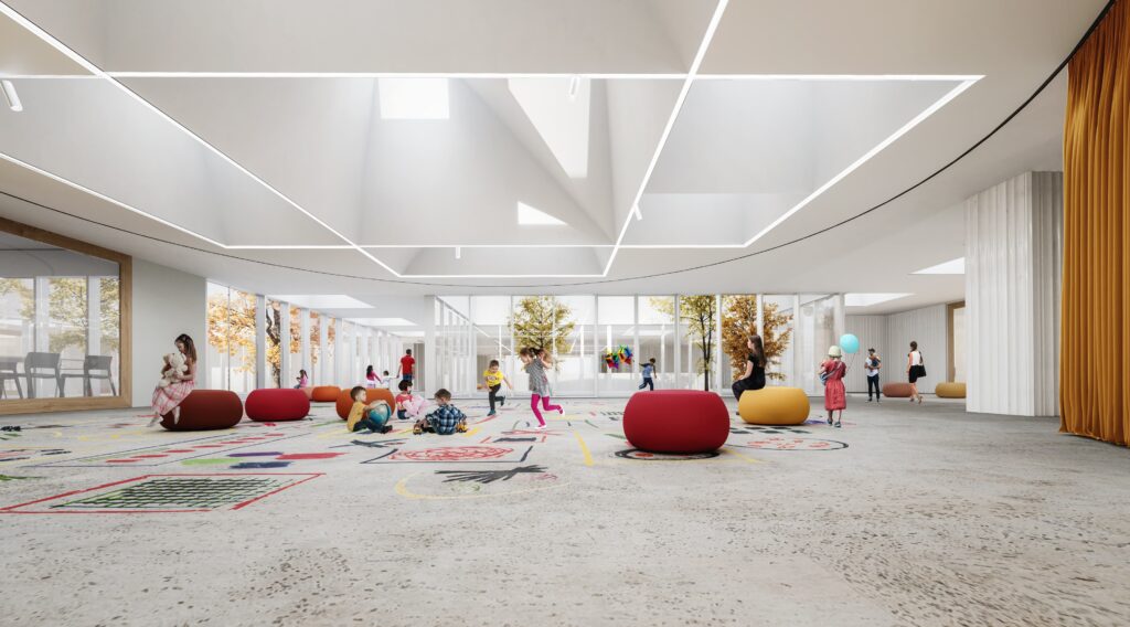 Scuola riciclabile di conegliano un interno molto luminoso con arredi colorati e bambini