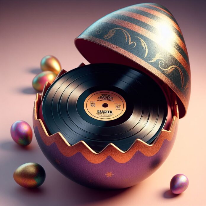 canzoni pasquali - un uovo di pasqua con all'interno un disco 33 giri in vinile