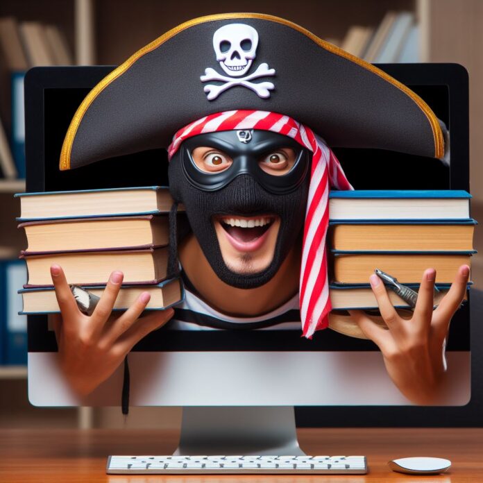 pirateria - un pirata con mascherina nera sugli occhi, esce dallo schermo di un computer con dei libri in mano