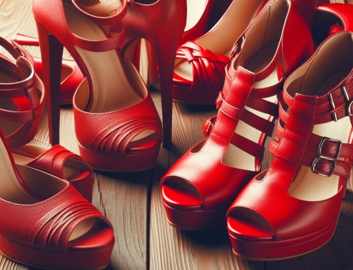 maria grazia costarelli - una serie di scarpe rosse da donna appoggiate su un pavimento di legno