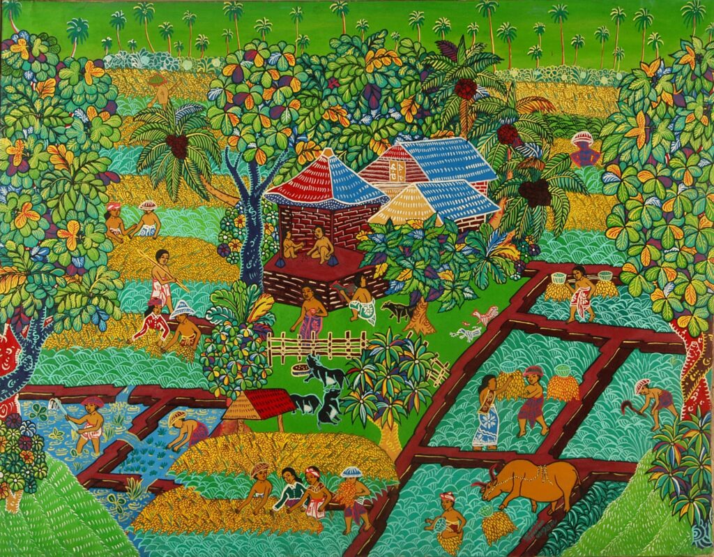 campi coltivati quadro balinese toni ocra giallo e verde