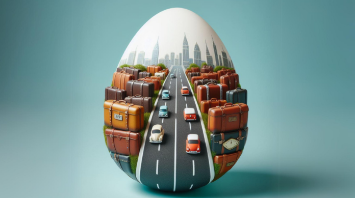 Città d'arte e relax Pasqua 2024 - un uovo di pasqua con disegnato in 3D delle valige, con in mezzo una strada con auto che vano verso una città