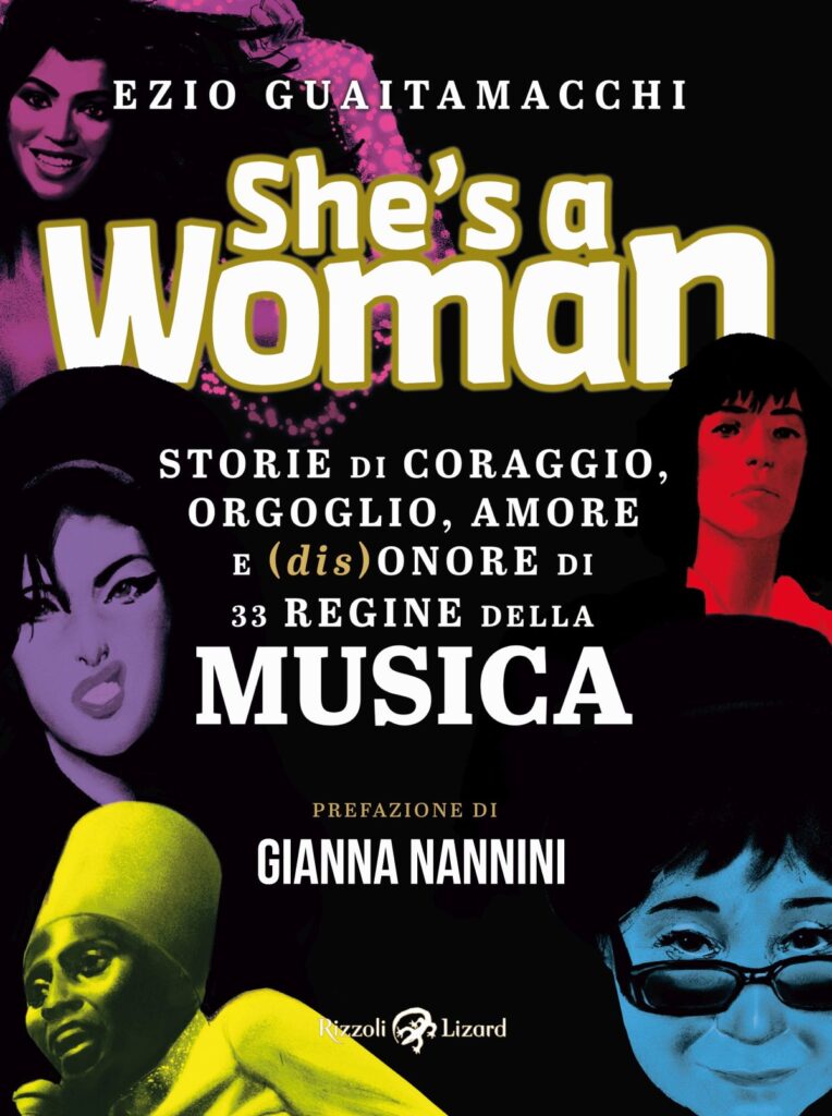"She's a woman" - la copertina del libro tutta nera con le scritte bianche e i volti colorati di donne