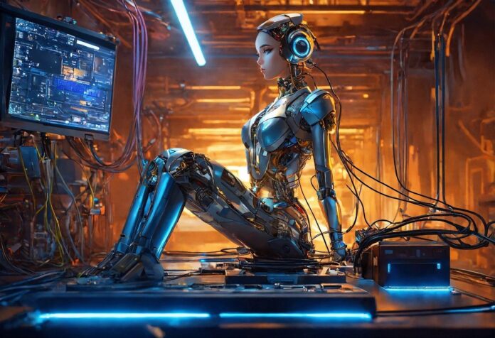 Immagine IA - una donna robot è seduta su un tavolo ed ha una cuffia stereofonica sulle orecchie e tanti fili che vanno adei macchinari