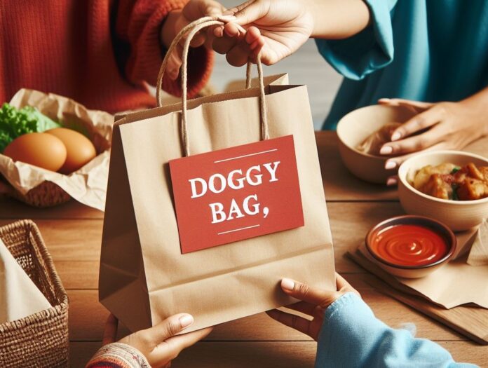 avanzi del cibo doggy bag - unA busta di cartone con un cartellino rosso con la scritta 