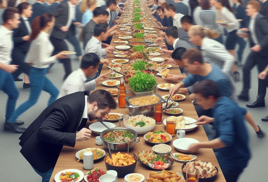 un lungo tavolo con tanti piatti con del cibo a buffet e tanta gente intorno che si accalca disordinatamente e una persona ha il piatto pieno e si intrufola per prendere tanto cibo