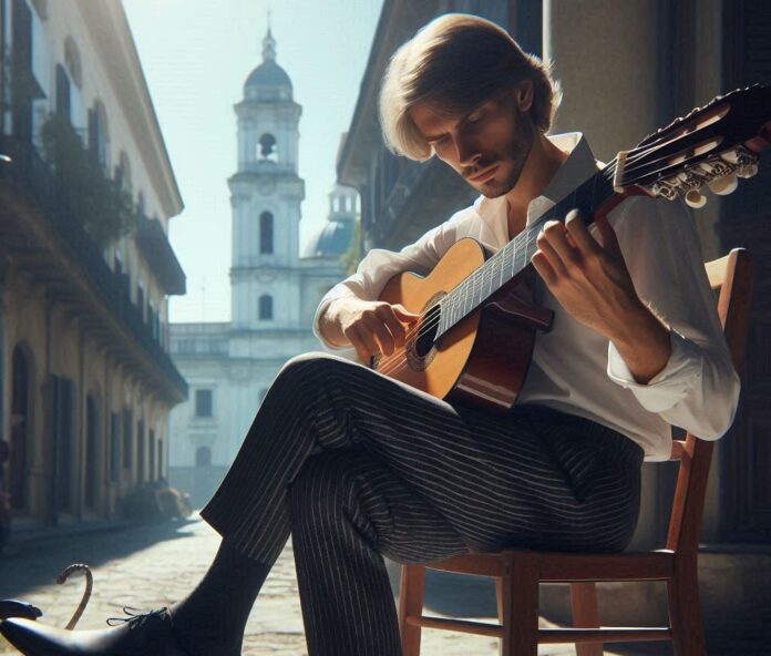 elito - un musicista seduto su una sedia all'aperto, intento a suonare una chitarra acustica