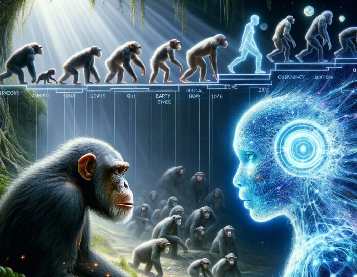 razza umana estinzione - nella foto in alto l'evoluzione dell'esssere umano dalla scimmia, con tutte le fasi. Tante scimmie che da piu piccole diventano grandi e progressivamente dsi alzano su due zampe/piedi. In basso in primo piano una scimmia di profilo guarda davanti a se il profilo di un robot blu fosforescente