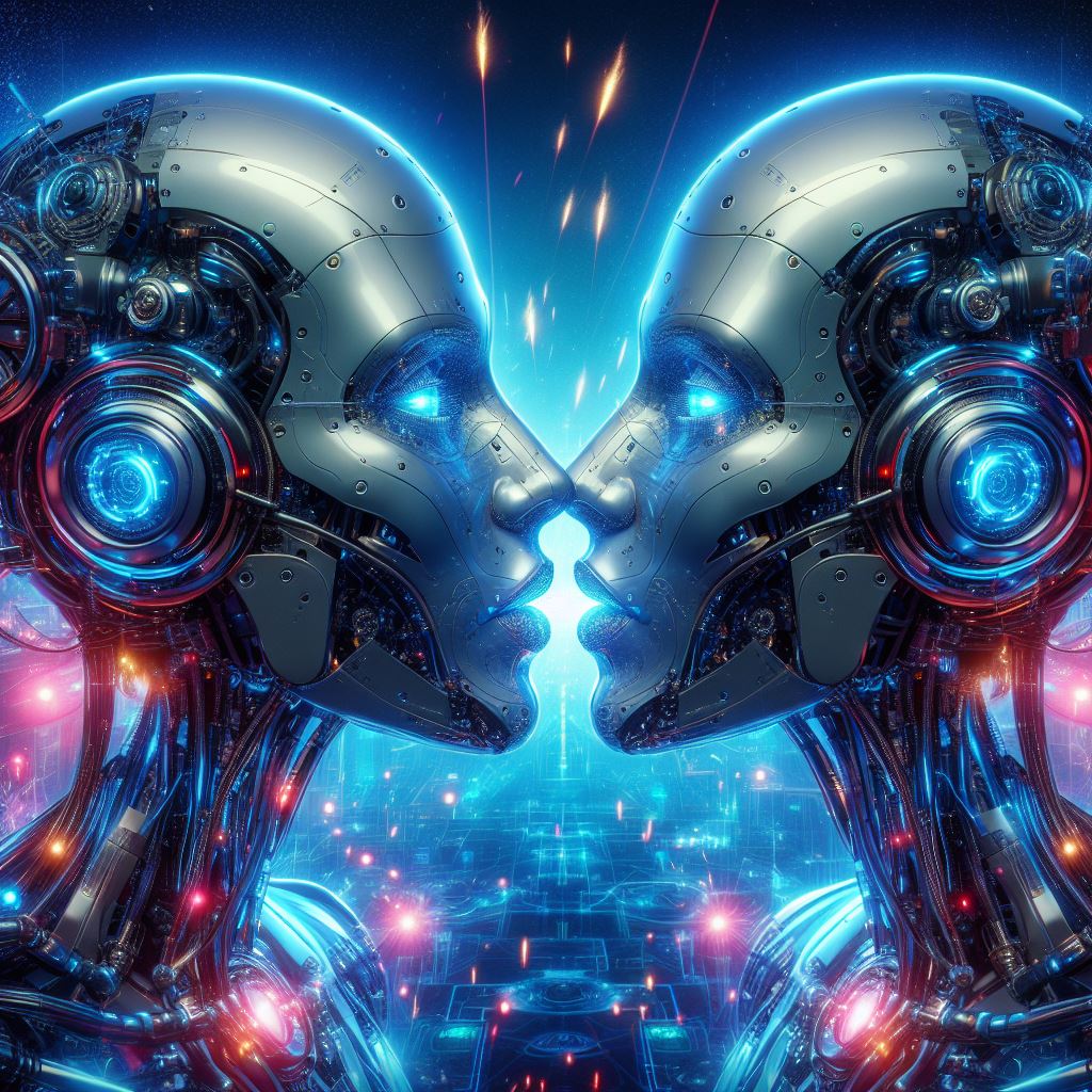 due robot che si baciano sfondo tecnologico azzurro e rosa immagine creata con Ai copilot