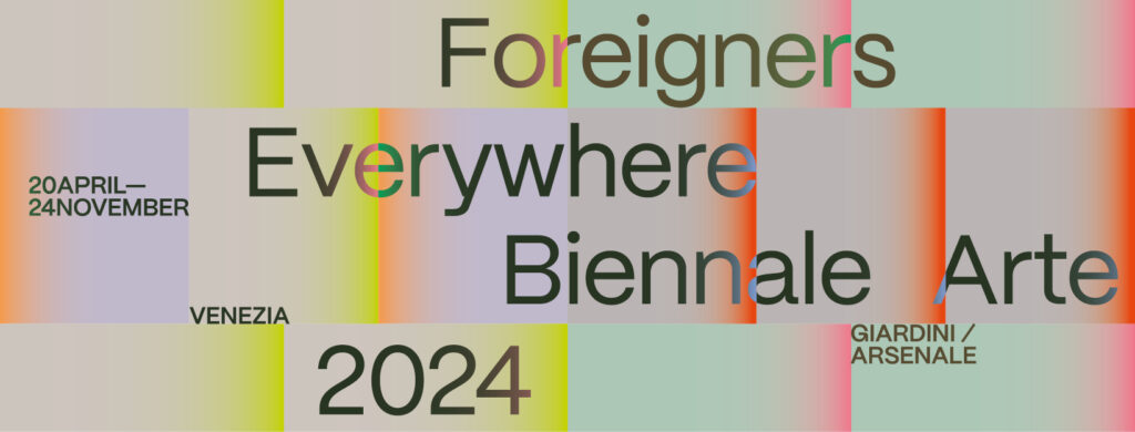 banner della biennale iVenezia 2024n critta nera con date e gradienti di colori rosso giallo verde azzurro