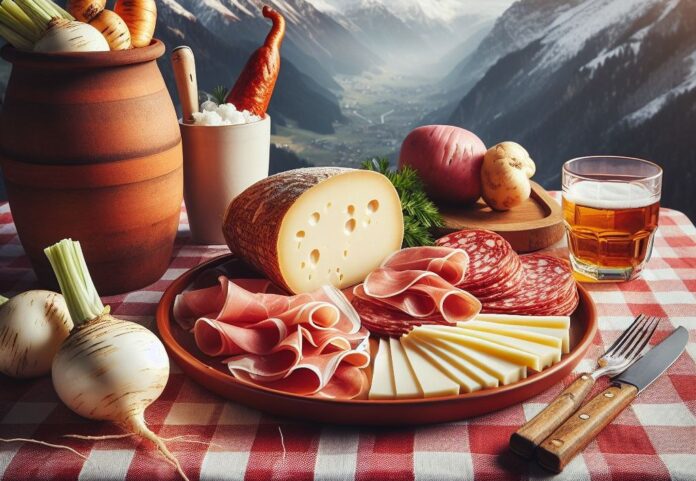 Cucina friulana - una tavola con tovaglia a scacchi rossi e bianchi, sul tavolo un piatto con del prosciutto a fette, dei formaggi, una meza forma di gruviera, vicino al piatto una rapa bianca , un vaso di terracotta con degli ortaggi, a destra su un tovagliolo ci sono un coltello e una forchetta, sulla sfondo delle montagne innevate