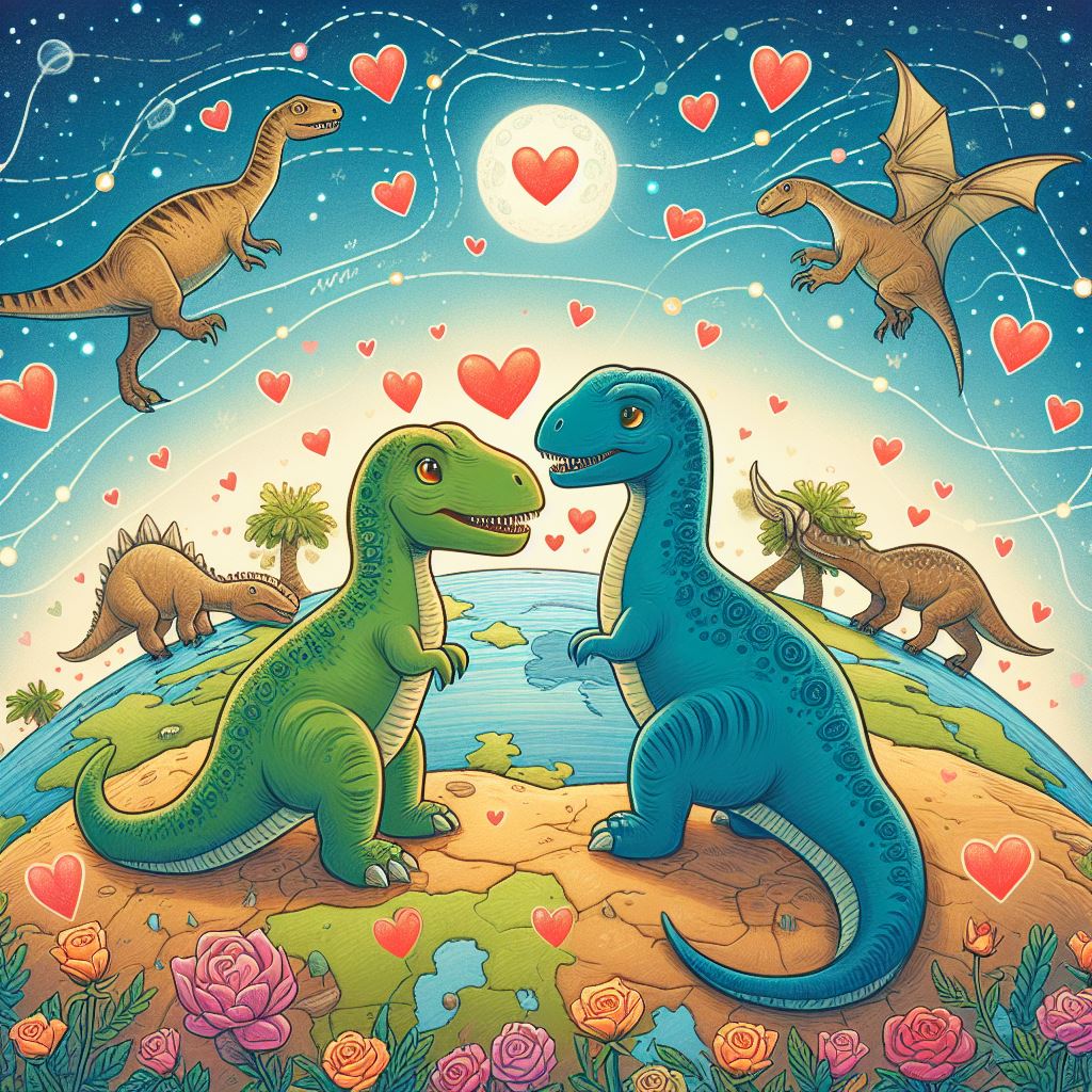 due dinosauri che amoreggiano sulla terra in stile cartoon con molti cuoricini immagine creata con AI