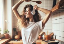come restare in forma fitness - una donna vestita con maglietta e pantacollant, indossa auricolari per la musica e balla in cucina con il cucchiaio di legno in mano