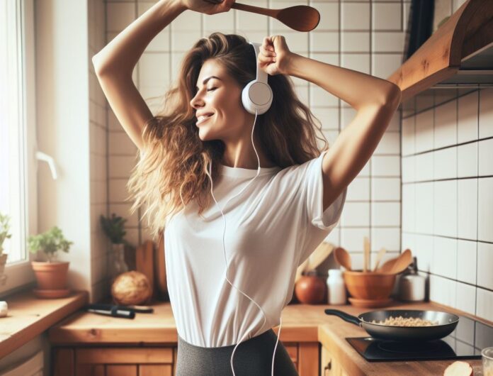 come restare in forma fitness - una donna vestita con maglietta e pantacollant, indossa auricolari per la musica e balla in cucina con il cucchiaio di legno in mano