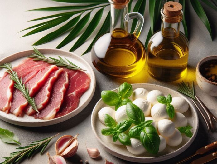 prezzi oli vegetali - su di un tavolo un piatto con delle mozzarelle e foglie di basilico, un piatto con della carne fresca con del rosmarino, vicino ai piatti un'ampolla con dell'olio e delle foglie di palma