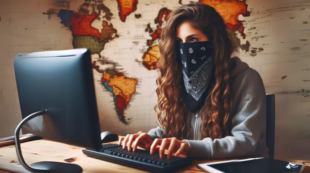 libertà di stampa slapp - una donna con capelli lunghi ricci sta scrivendo al computer con una bandana che le copre la bocca. Dietro di lei sul muro c'è una cartina geografica del mondo - immagine creata con IA Bing