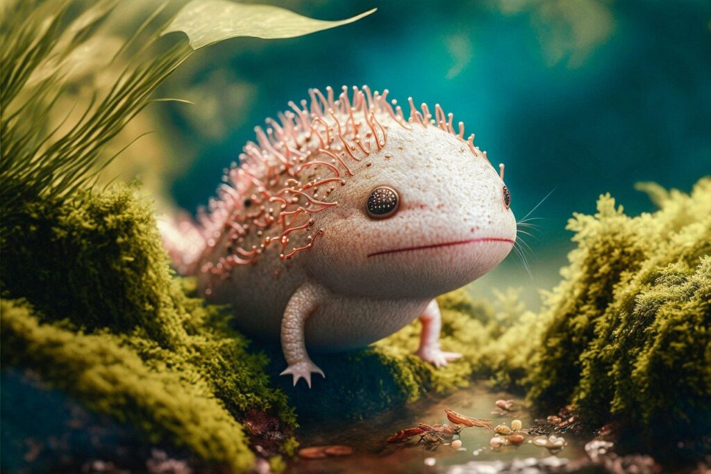 axolotl bianco con aculei rosa in mezzo a rocce e verde