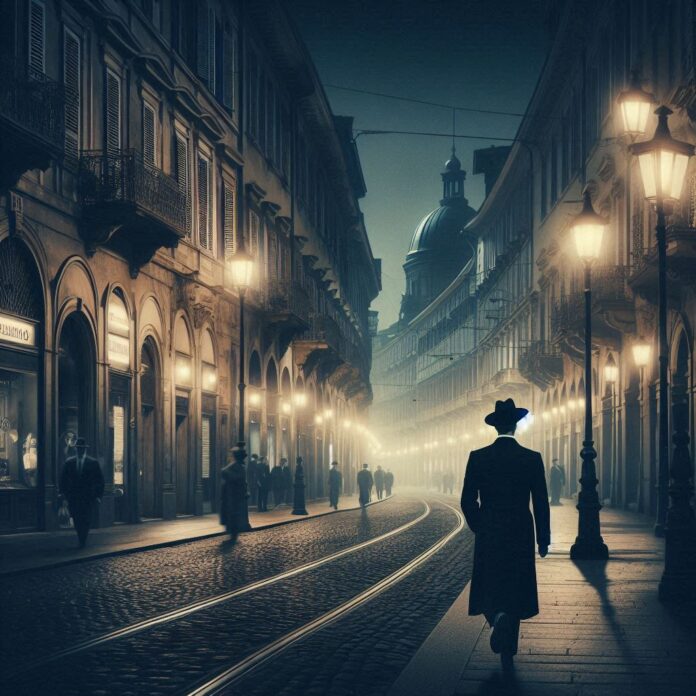 immagine generata Ai Microsoft un omo cammina in un atmosfera da giallo in una via notturna di Torino