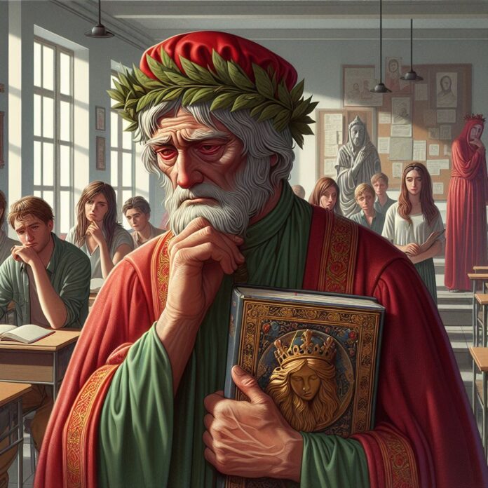 Dante triste con la divina commedia in mano mntre si allontana da un aula immagine generata con AI