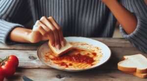 fare la scarpetta - una persona sta pulendo con un pezzo di pane il piatto bianco sporco di sugo di pomodoro. Vicino al piatto ci sono dei pomodori e del pane a fette